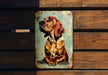 a metal sign with a picture of a dog on it