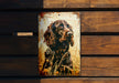 a picture of a dog on a wooden bench