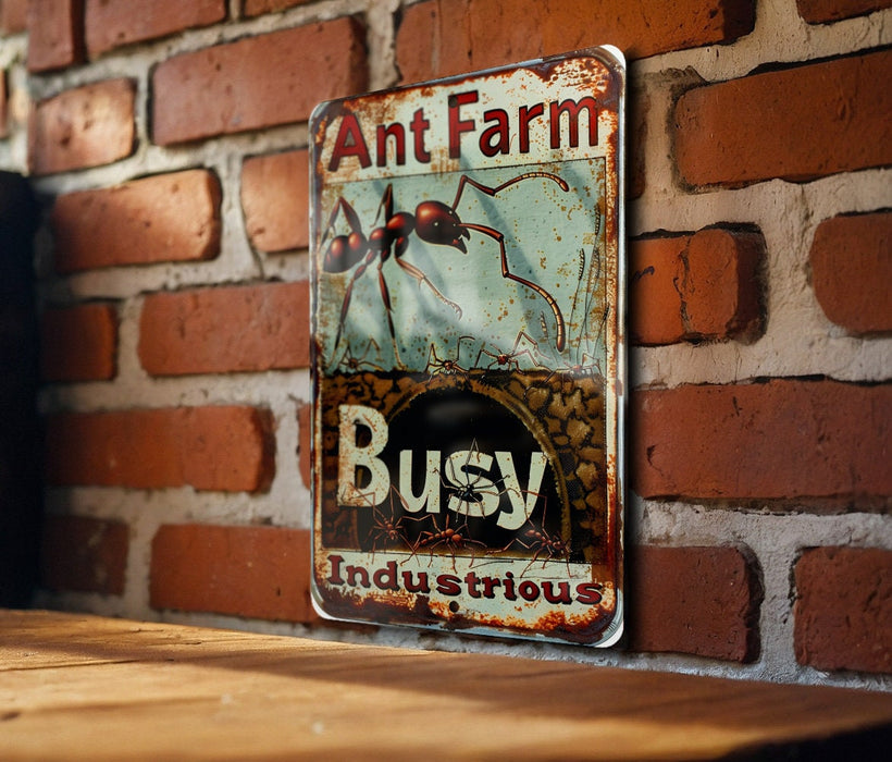 a rusted metal sign on a brick wall