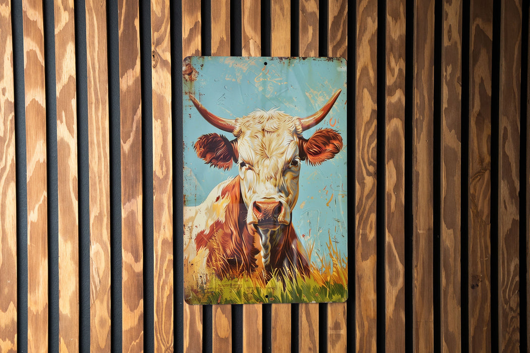 a painting of a cow on a wooden wall