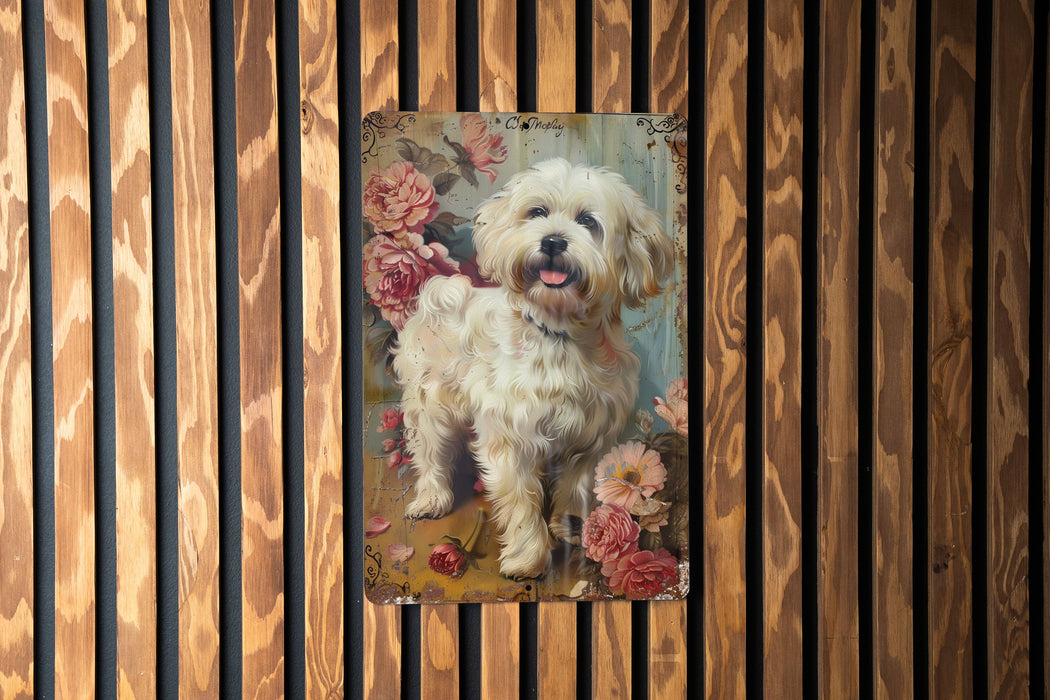 a picture of a small white dog on a wood paneled wall