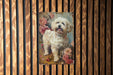 a picture of a small white dog on a wood paneled wall