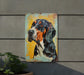 a painting of a dog on a wall next to a potted plant
