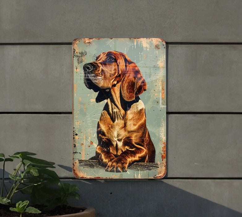 a metal sign with a picture of a dog on it