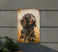 a metal sign with a picture of a dog on it
