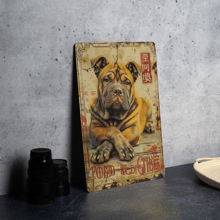 a picture of a dog on a sign on a table