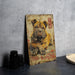 a picture of a dog on a sign on a table