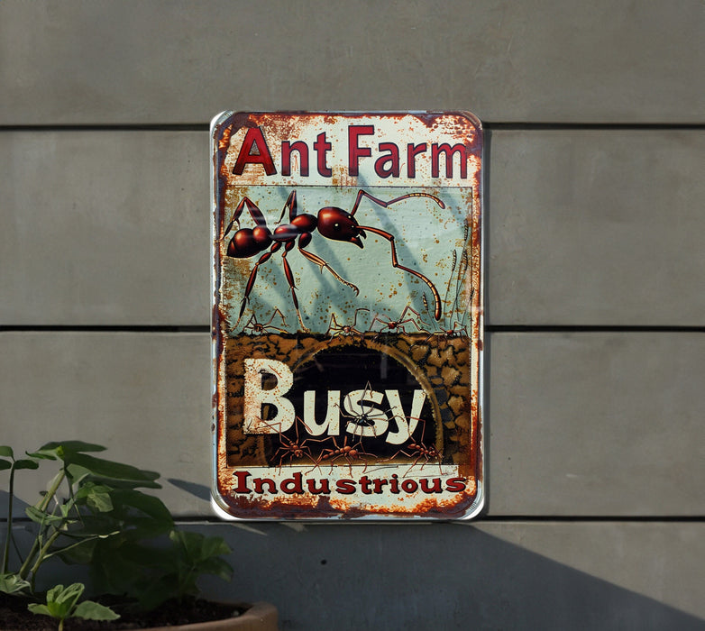 an ant farm sign hanging from the side of a building