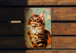 a picture of a cat on a metal sign
