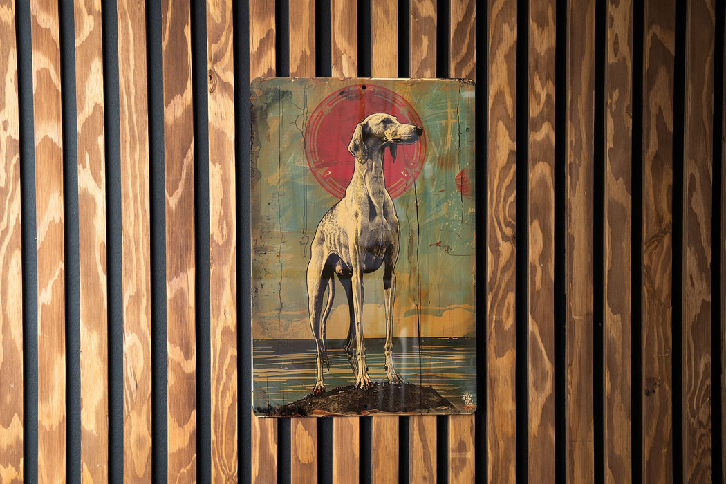 a painting of a dog on a wooden wall