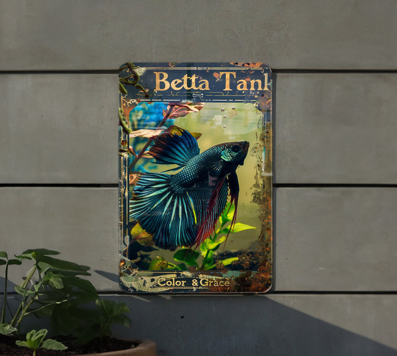 a metal sign with a picture of a betta fish on it