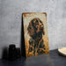 a painting of a dog on a wall next to a plate