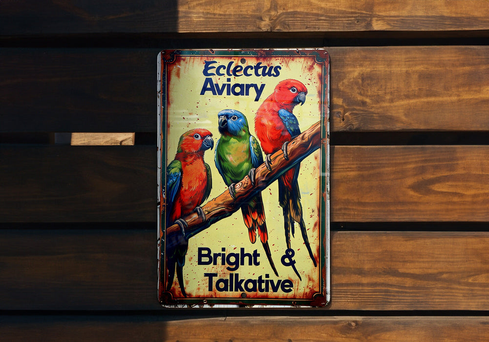 a metal sign with three colorful birds on it