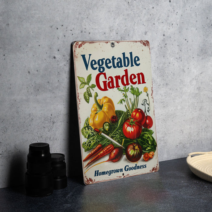 a vegetable garden sign sitting on top of a table