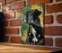 a picture of a dog on a brick wall