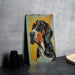 a painting of a dog on a yellow background