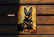a painting of a dog on a wooden wall
