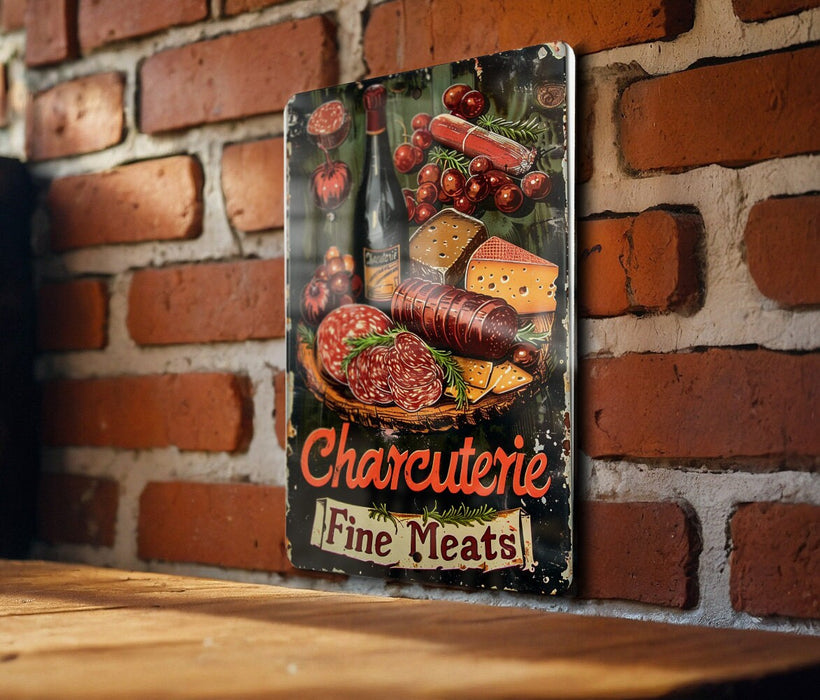 a sign on a brick wall that says charcuterie fine meats