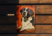 a painting of a dog on a wooden bench
