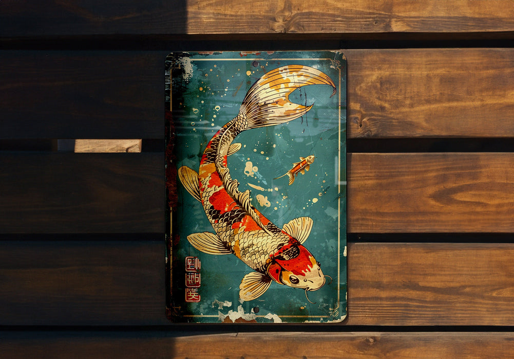 a painting of a koi fish on a wooden wall