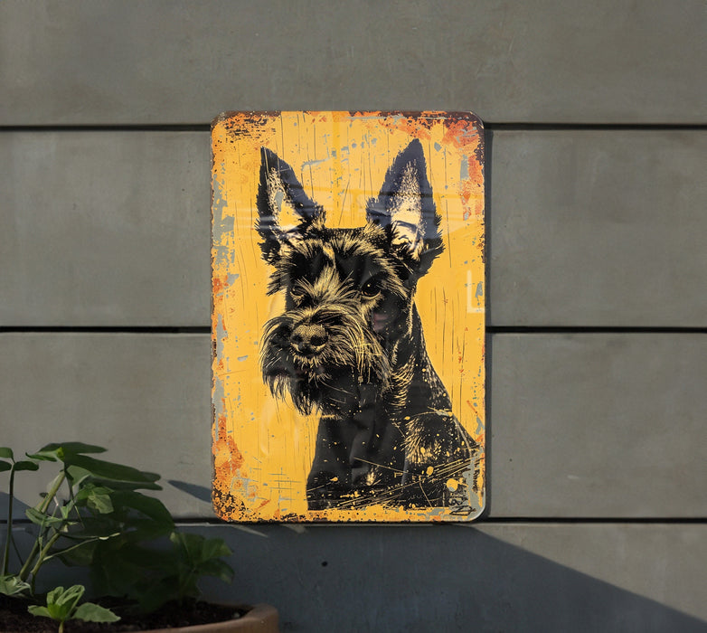 a yellow sign with a black dog on it