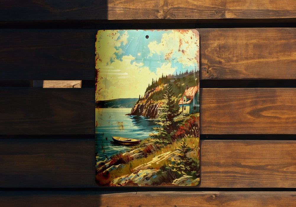 a wooden bench with a painting on it
