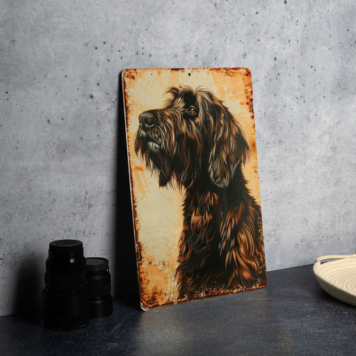 a painting of a dog on a rusty metal sign