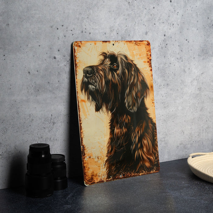 a painting of a dog on a rusty metal sign