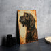 a painting of a dog on a rusty metal sign