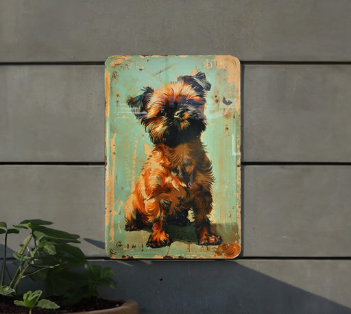 a picture of a dog on a rusty sign