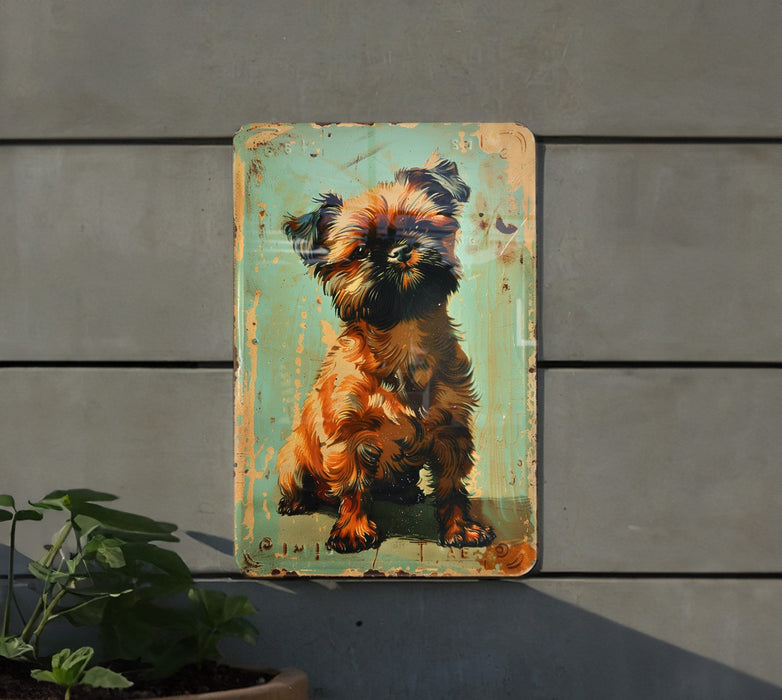a picture of a dog on a rusty sign