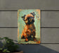 a picture of a dog on a rusty sign