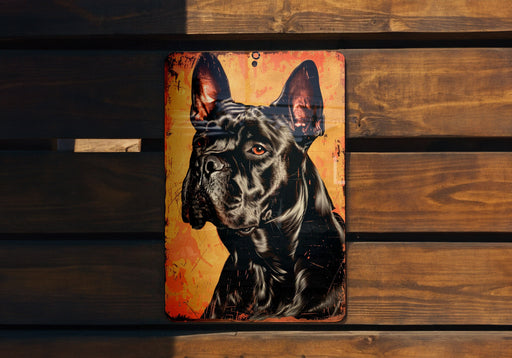 a picture of a dog on a wooden wall