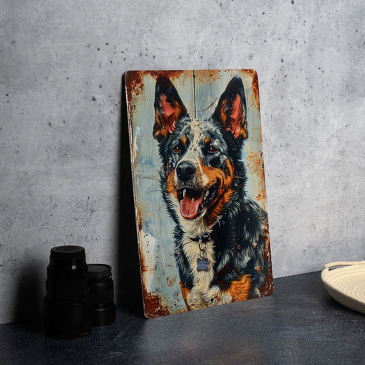 a picture of a dog on a rusty metal sign