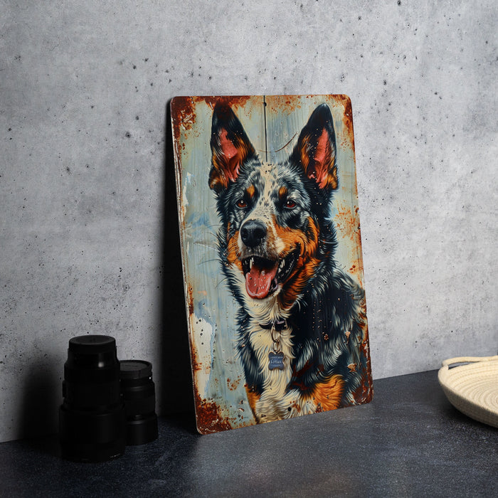 a picture of a dog on a rusty metal sign
