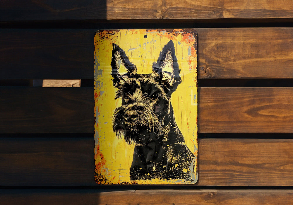 a picture of a black dog on a yellow background