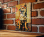 a picture of a dog on a brick wall