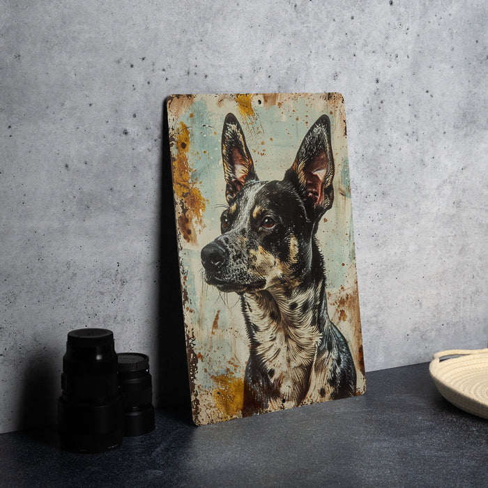 a picture of a dog on a rusty metal sign