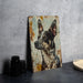 a picture of a dog on a rusty metal sign