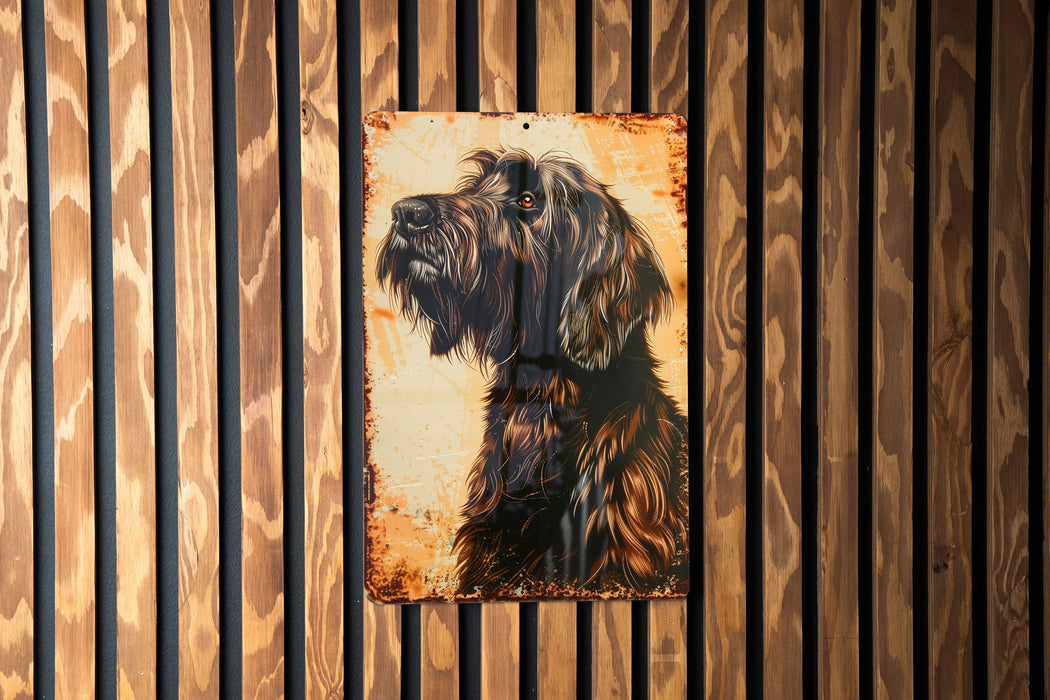 a painting of a dog on a wooden wall