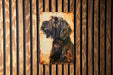 a painting of a dog on a wooden wall