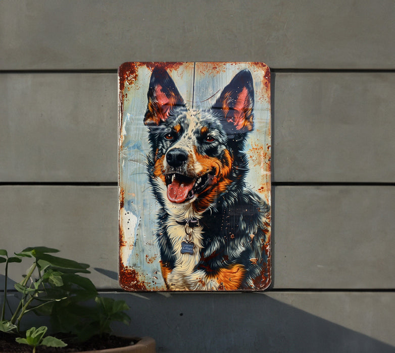 a painting of a dog on a rusted metal sign