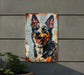 a painting of a dog on a rusted metal sign