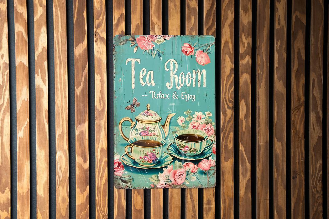 a tea room sign hanging on a wooden wall