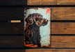 a picture of a dog on a wooden wall