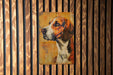 a painting of a dog on a wooden wall