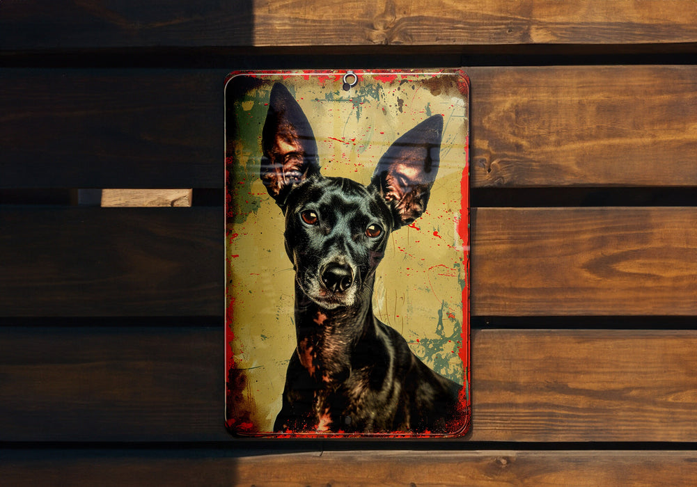 a picture of a dog on a wooden wall