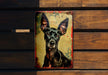 a picture of a dog on a wooden wall