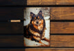a picture of a dog on a wooden bench