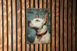 a picture of a dog on a wooden wall